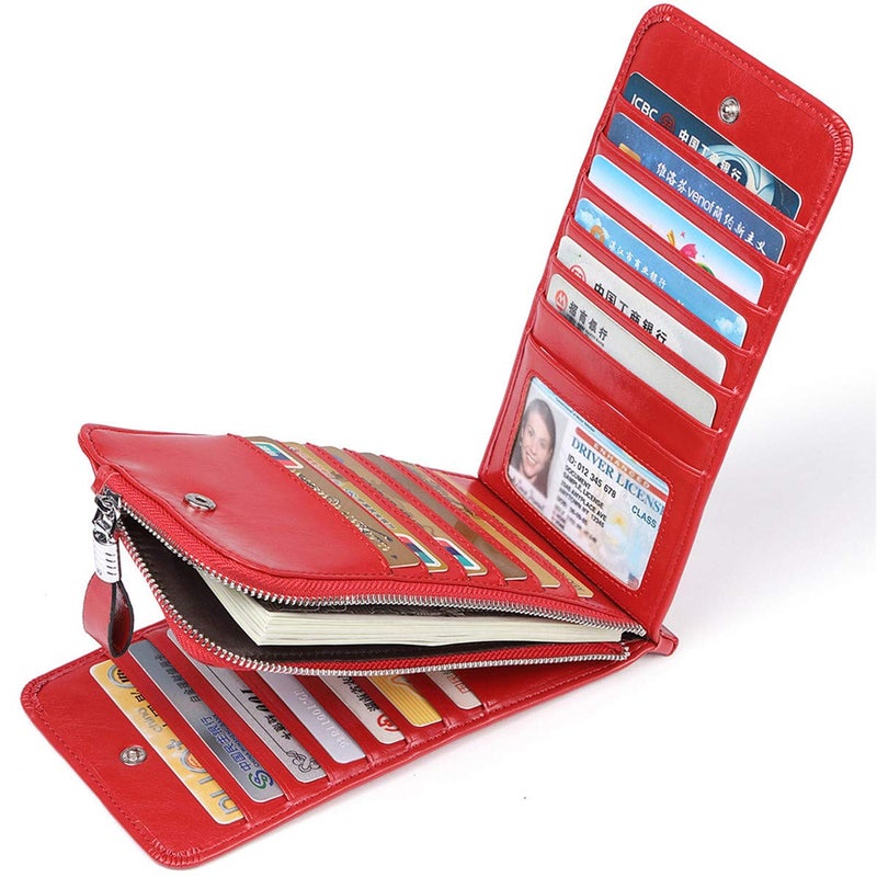 Huztencor Women's Credit Card Holder RFID Blocking Oil Wax Leather Multi Card Organizer Wallet Slim Long Zipper Bi-fold Business Card Case Clutch Wallet with ID Window Red (FBA) - Image 3